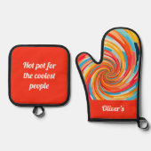 レトロ抽象芸術カラフル波渦 鍋つかみ&鍋敷きセット (正面)