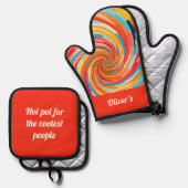 レトロ抽象芸術カラフル波渦 鍋つかみ&鍋敷きセット (正面/裏面)