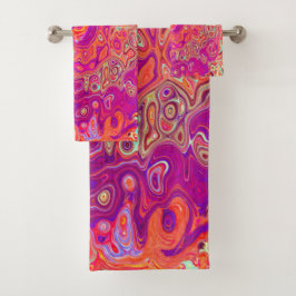 レトロ抽象芸術サンゴとパープルマーブルスワール バスタオルセット