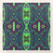 レトロ抽象芸術チャートルーズ、赤と青のパターン ガラスコースター (正面)