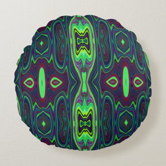 レトロ抽象芸術チャートルーズ、赤と青のパターン ラウンドクッション (正面)