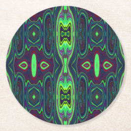 レトロ抽象芸術チャートルーズ、赤と青のパターン ラウンドペーパーコースター