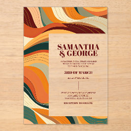 レトロ抽象芸術テラコッタオレンジ結婚ズ アクリル招待状