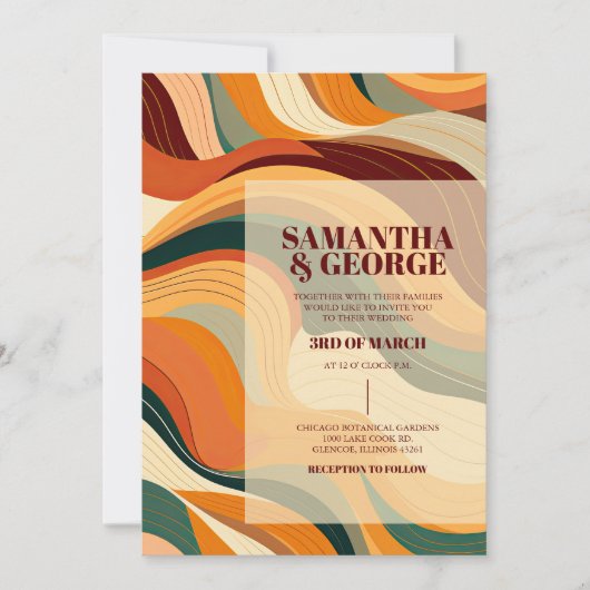 レトロ抽象芸術テラコッタオレンジ結婚ズ 招待状 (正面)