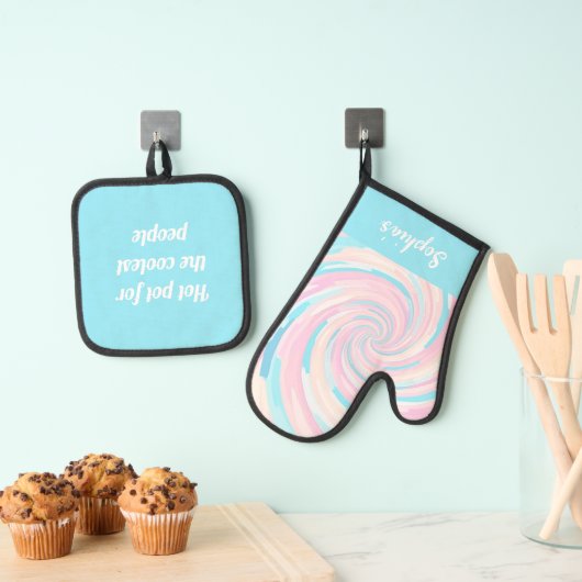 レトロ抽象芸術パステルカラーズウェーブボルテックス 鍋つかみ&鍋敷きセット (インサイチュ (吊り下げ))