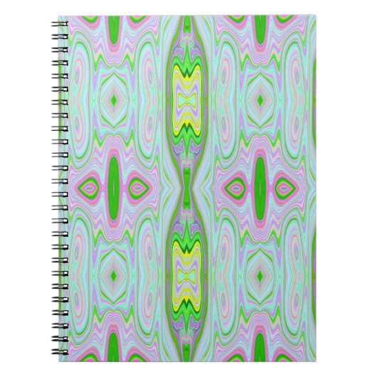 レトロ抽象芸術ピンク、ライムグリーン、アクアパターン ノートブック (正面)