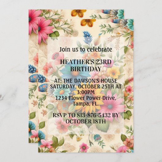 レトロ抽象芸術フラワーアートバースデーパーティー 招待状 (正面/裏面)