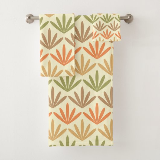 レトロ抽象芸術フローラルパターンinオレンジ&オリーブ バスタオルセット (インサイチュ)