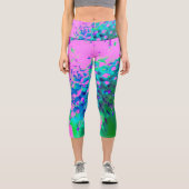 レトロ抽象芸術マゼンタおよびライムグリーン花 カプリレギンス (正面)