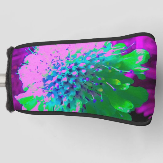 レトロ抽象芸術マゼンタおよびライムグリーン花 ゴルフヘッドカバー (正面)