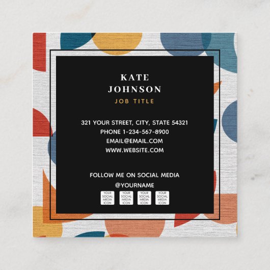 レトロ抽象芸術ミッドセンチュリーQRコードソーシャルメディア スクエア名刺 (裏面)