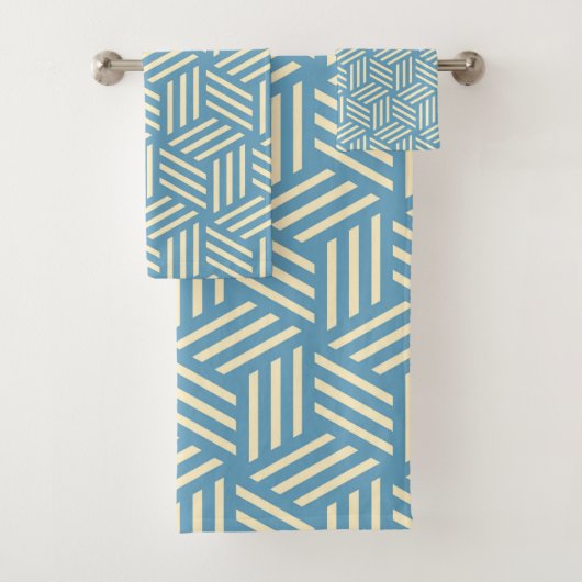 レトロ抽象芸術光学錯覚キューブのパターンブルー バスタオルセット (インサイチュ)