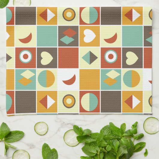 レトロ抽象芸術幾何学模様(茶色)黄色(赤) キッチンタオル (折り畳み)