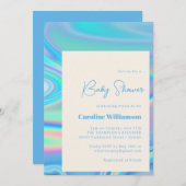 レトロ抽象芸術虹色ブルーユニークベビーシャワー 招待状 (正面/裏面)