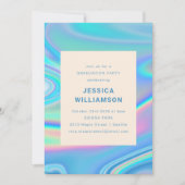 レトロ抽象芸術虹色ブルーユニーク卒業式 招待状 (正面)