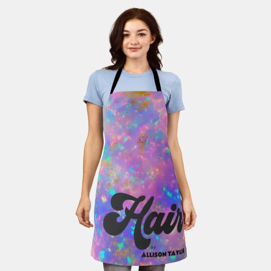 レトロ抽象芸術金ゴールド火オパールジェムストンヘアスタイリスト エプロン (着用した状態)