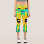 レトロ抽象芸術黄色い花オンアクアスワール カプリレギンス (正面)