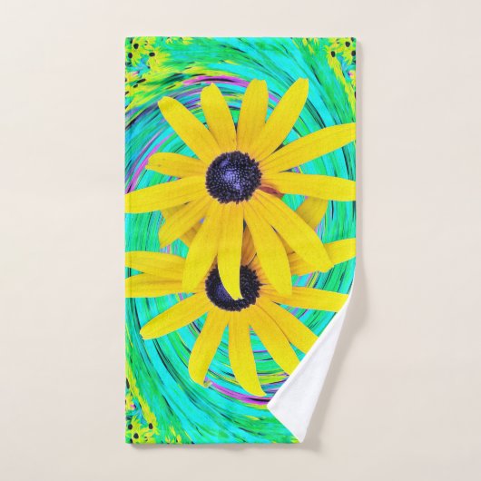 レトロ抽象芸術黄色い花オンアクアスワール バスタオルセット (ハンドタオル)