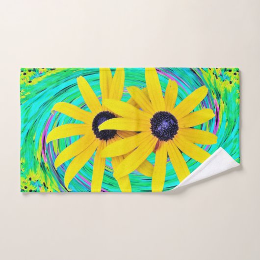 レトロ抽象芸術黄色い花オンアクアスワール バスタオルセット (ハンドタオル)