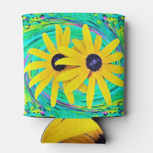 レトロ抽象芸術黄色い花オンアクアスワール 缶クーラー (裏面)