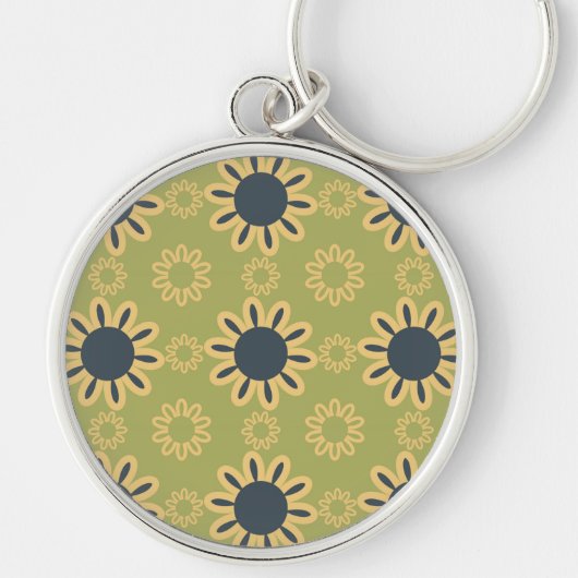 レトロ抽象芸術黒と黄色の花のパターン キーホルダー (正面)