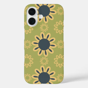 レトロ抽象芸術黒と黄色の花のパターン iPhone 16ケース