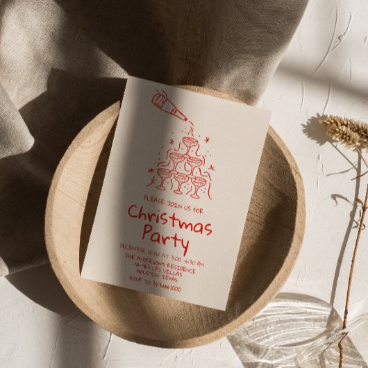 レトロ描レッドシャンパンタワークリスマスパーティー 招待状