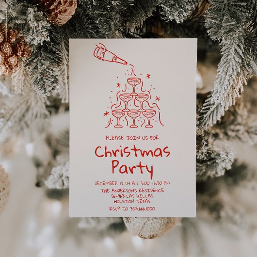 レトロ描レッドシャンパンタワークリスマスパーティー 招待状