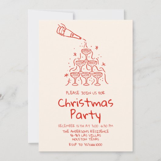 レトロ描レッドシャンパンタワークリスマスパーティー 招待状 (正面)