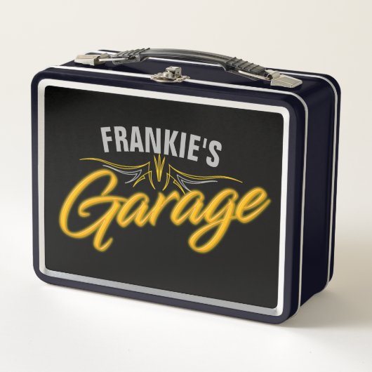 レトロ改造ネオンスタイルバイクもしくは自転車に乗る人カスタムガレージ メタルランチボックス (正面)