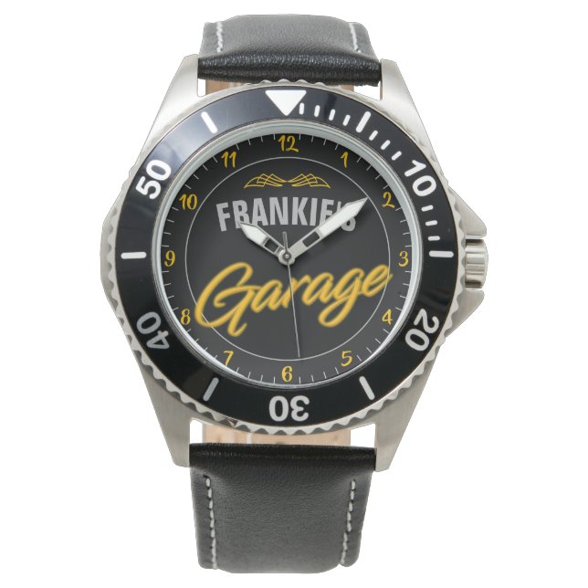 レトロ改造ネオンスタイルバイクもしくは自転車に乗る人カスタムガレージ 腕時計 (正面)