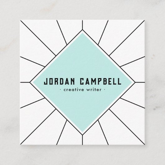 レトロ放射状アクアブルー白ミニマル色 スクエア名刺 (正面)