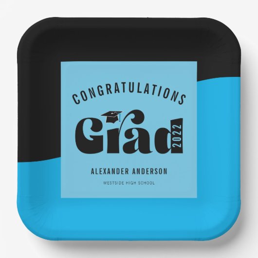 レトロ文字明るい青と黒の卒業 ペーパープレート (正面)