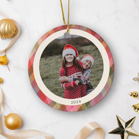 レトロ斜めクリスマスプレイドかわいい写真2024 セラミックオーナメント