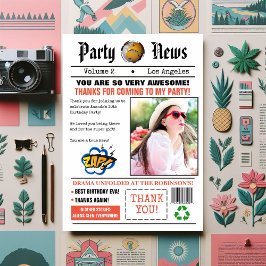 レトロ新聞の誕生日パーティー写真 サンキューカード