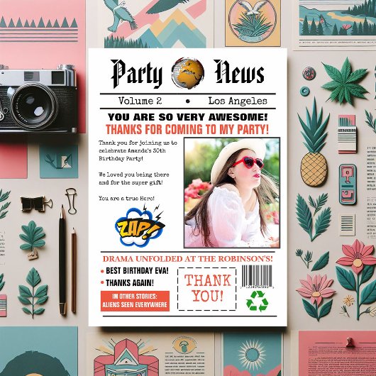 レトロ新聞の誕生日パーティー写真 サンキューカード