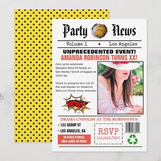 レトロ新聞誕生日パーティー 招待状 (正面/裏面)