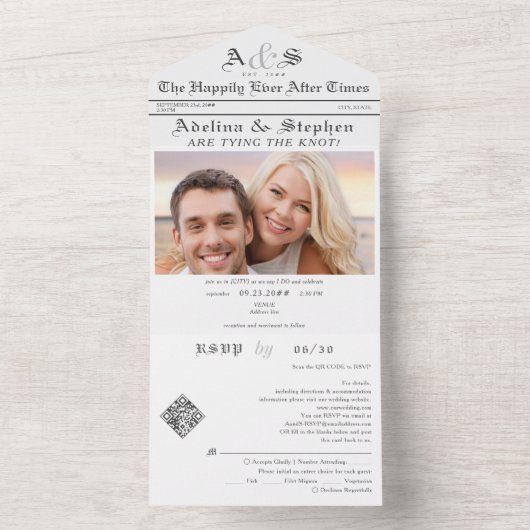 レトロ新聞 ハッピーエバーアフター QRコード ウェディング オールインワン招待状 (内側)