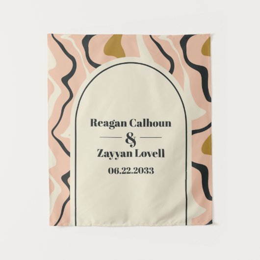 レトロ旋回アーチピンクブラック金ゴールド結婚の背景 タペストリー (正面)