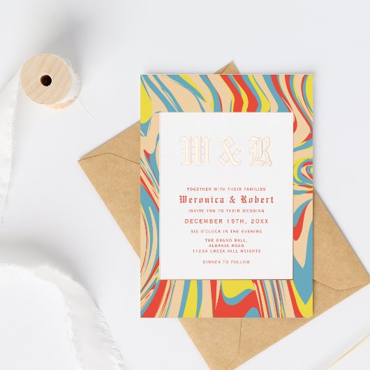 レトロ旋回抽象芸術パターンバラ金ゴールドモノグラム 箔招待状