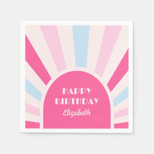 レトロ日が差すことアーチタイポグラフィ誕生日ピンク スタンダードカクテルナプキン (正面)