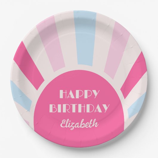 レトロ日が差すことアーチタイポグラフィ誕生日ピンク ペーパープレート (正面)