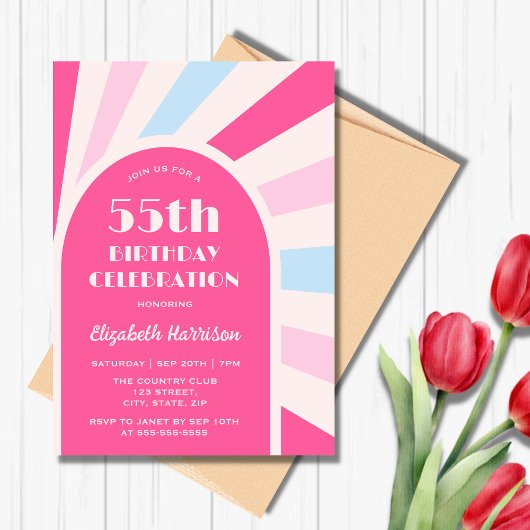 レトロ日が差すことアーチタイポグラフィ誕生日ピンク 招待状