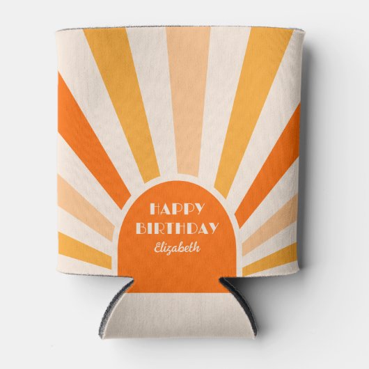 レトロ日が差すことアーチタイポグラフィ誕生日ピーチ 缶クーラー (正面)