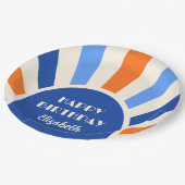 レトロ日が差すことアーチタイポグラフィ誕生日ブルー ペーパープレート (アングル)