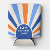 レトロ日が差すことアーチタイポグラフィ誕生日ブルー 缶クーラー (正面)