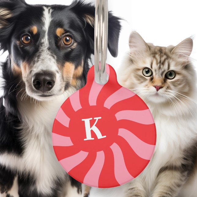 レトロ日が差すことスワールライトレッドピンクモノグラムはっきりした ペット　ネームタグ (Retro sunburst swirl light red pink monogram bold pet ID tag)