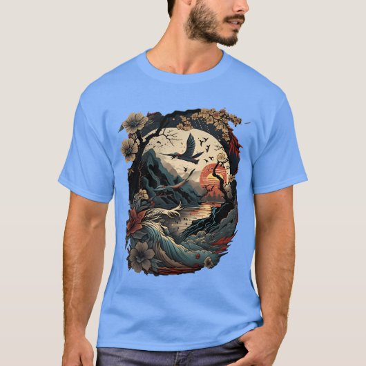 レトロ日本のの鳥の花とヴィンテージの友人 Tシャツ (正面)