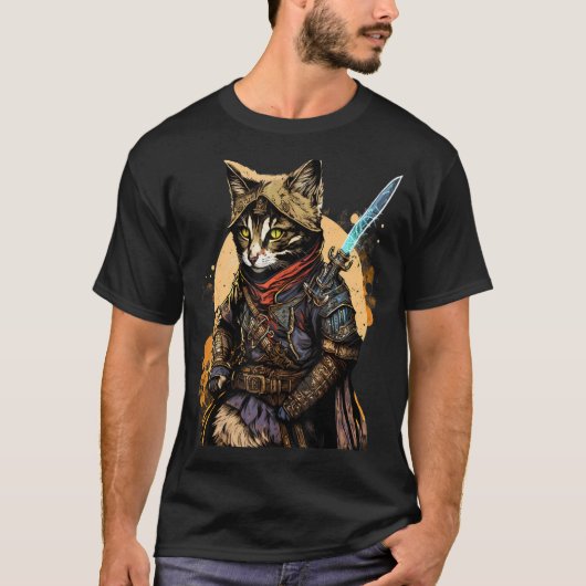 レトロ日本のサムライキャット武士道戦士ソードV Tシャツ (正面)