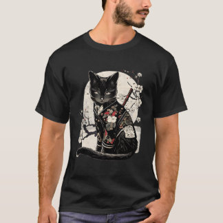 レトロ日本のサムライ忍者猫かわいいタトゥーグラ Tシャツ